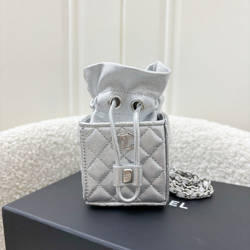 Chanel VIP Gift 2021 Micro Box Bag in Metallic Silver Lambskin and SHW