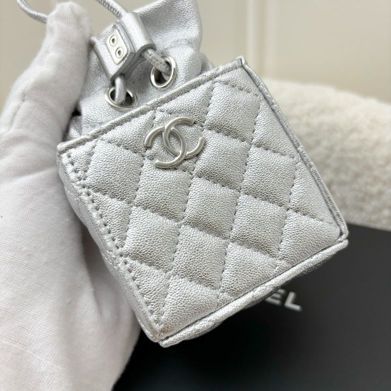 Chanel VIP Gift 2021 Micro Box Bag in Metallic Silver Lambskin and SHW