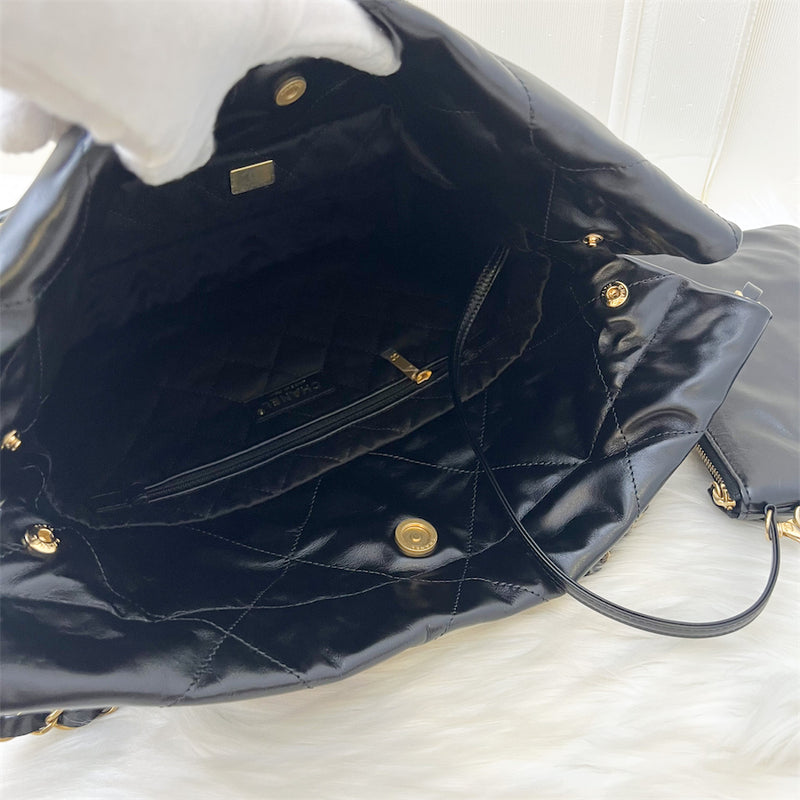 Chanel 22 Small Hobo Handbag in Black Shiny Calfskin and GHW with White Logo