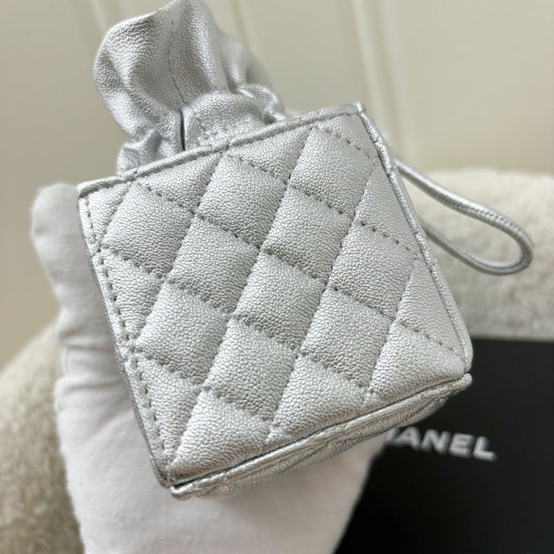 Chanel VIP Gift 2021 Micro Box Bag in Metallic Silver Lambskin and SHW