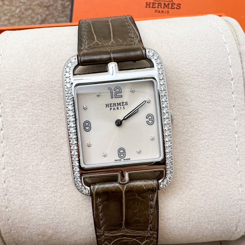 Hermes Cape Cod PM 37mm Quartz Watch with Diamonds and Gris Elephant Alligator Strap (Model: CC2.732c)