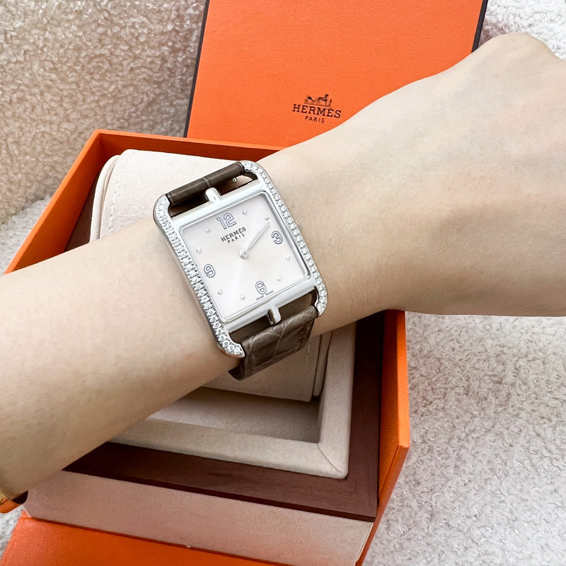 Hermes Cape Cod PM 37mm Quartz Watch with Diamonds and Gris Elephant Alligator Strap (Model: CC2.732c)