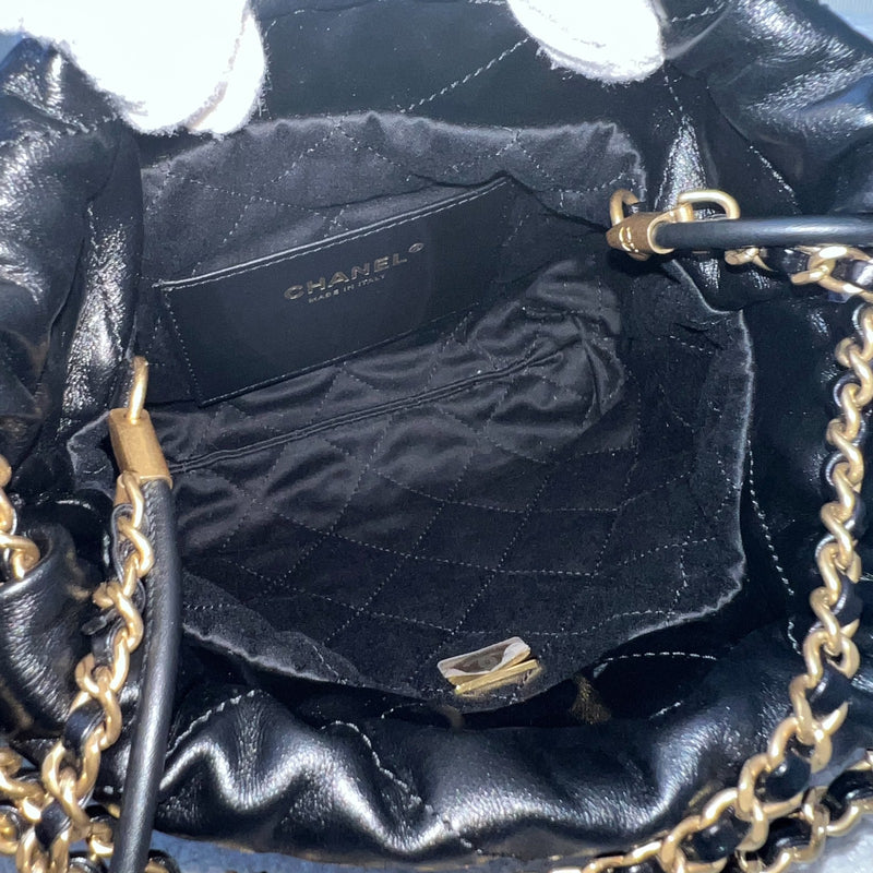 Chanel 22 Mini Hobo Handbag in Black Shiny Calfskin and AGHW (Model: AS3980)