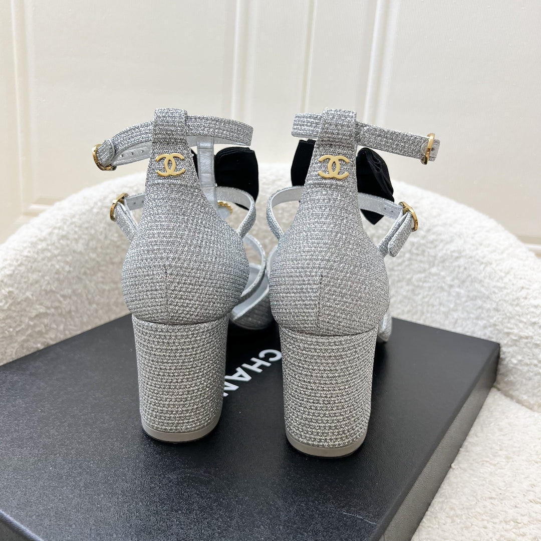 Chanel Mary Jane Chunky Heels in Silver Fabric and Black Grosgrain