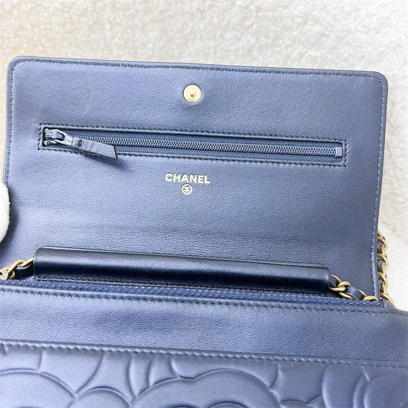 Chanel Wallet on Chain WOC in Camellia Embossed Midnight Blue Lambskin and AGHW