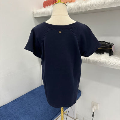 Chanel 18C Gold Logo Knit Top in Navy Cotton Sz M