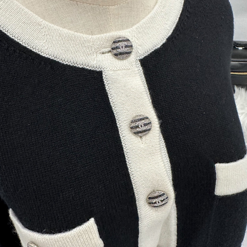 Chanel 24C Cardigan with CC Logo Button in Black and White Cashmere Sz 40