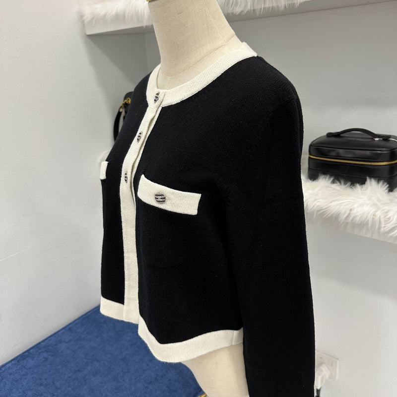 Chanel 24C Cardigan with CC Logo Button in Black and White Cashmere Sz 40