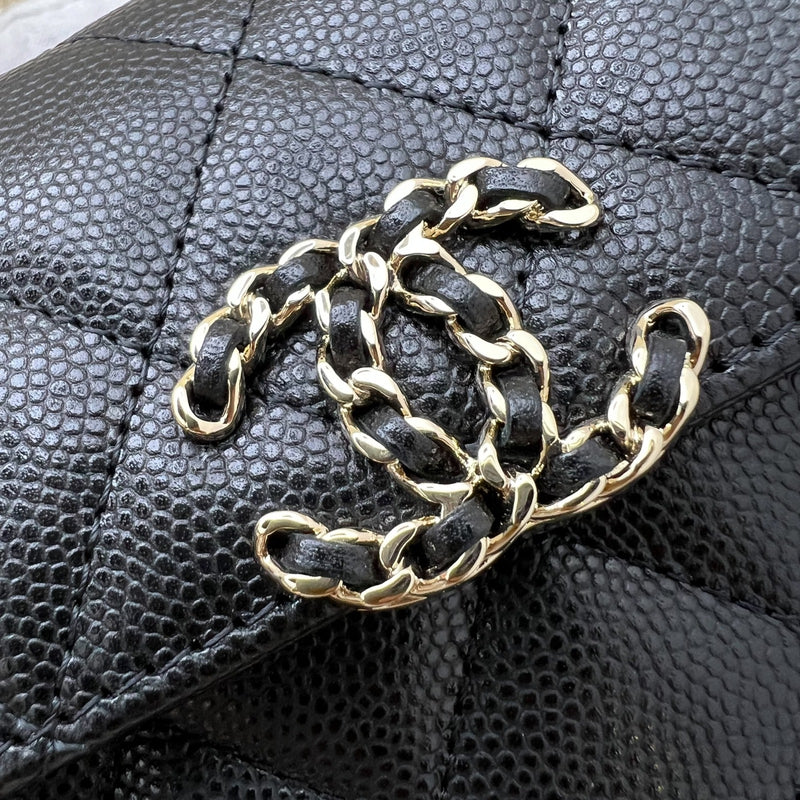 Chanel 25S Top Handle Kelly Clutch with Chain in Black Caviar and GHW