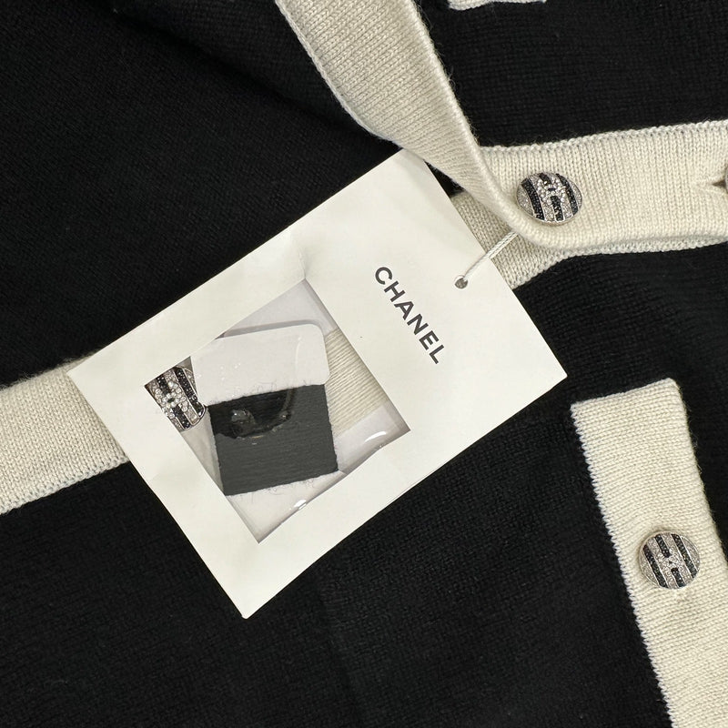 Chanel 24C Cardigan with CC Logo Button in Black and White Cashmere Sz 40