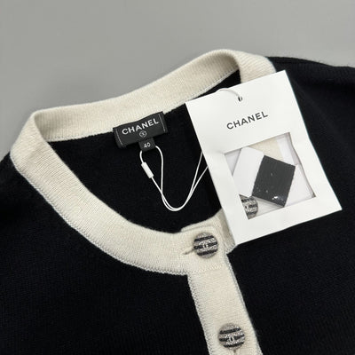 Chanel 24C Cardigan with CC Logo Button in Black and White Cashmere Sz 40