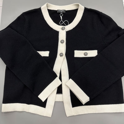 Chanel 24C Cardigan with CC Logo Button in Black and White Cashmere Sz 40