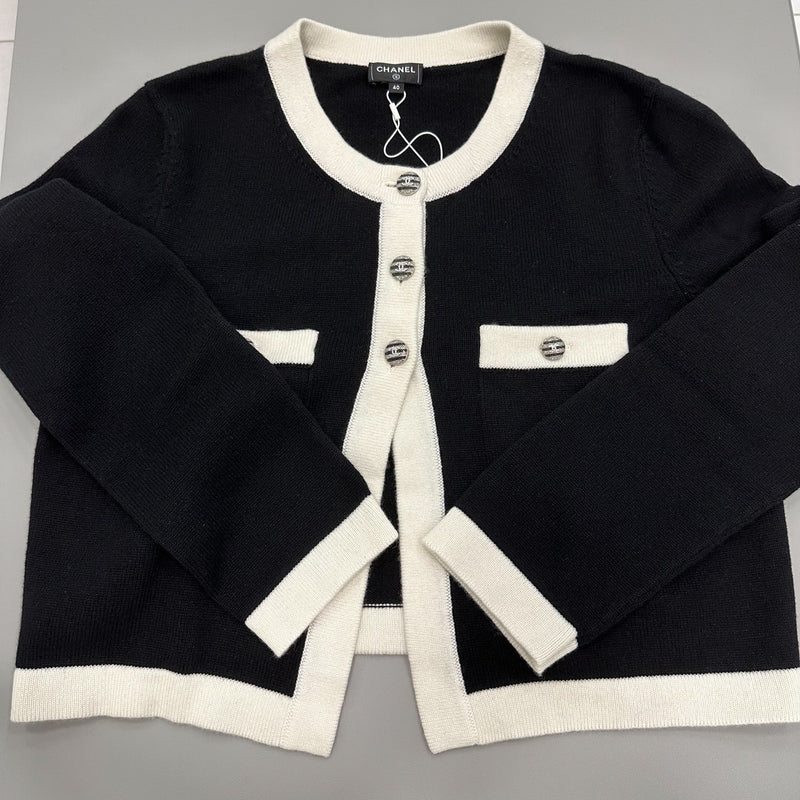 Chanel 24C Cardigan with CC Logo Button in Black and White Cashmere Sz 40