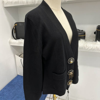 Chanel 22A Runway Cardigan in Black Cashmere with Embellished Buttons Sz 44