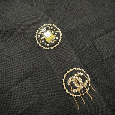 Chanel 22A Runway Cardigan in Black Cashmere with Embellished Buttons Sz 44