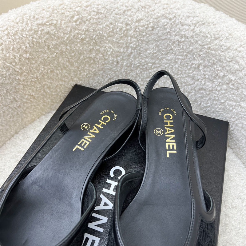 Chanel Slingbacks in Black Leather, Lace and Gosgrain Size 39.5 (Model: G31319)