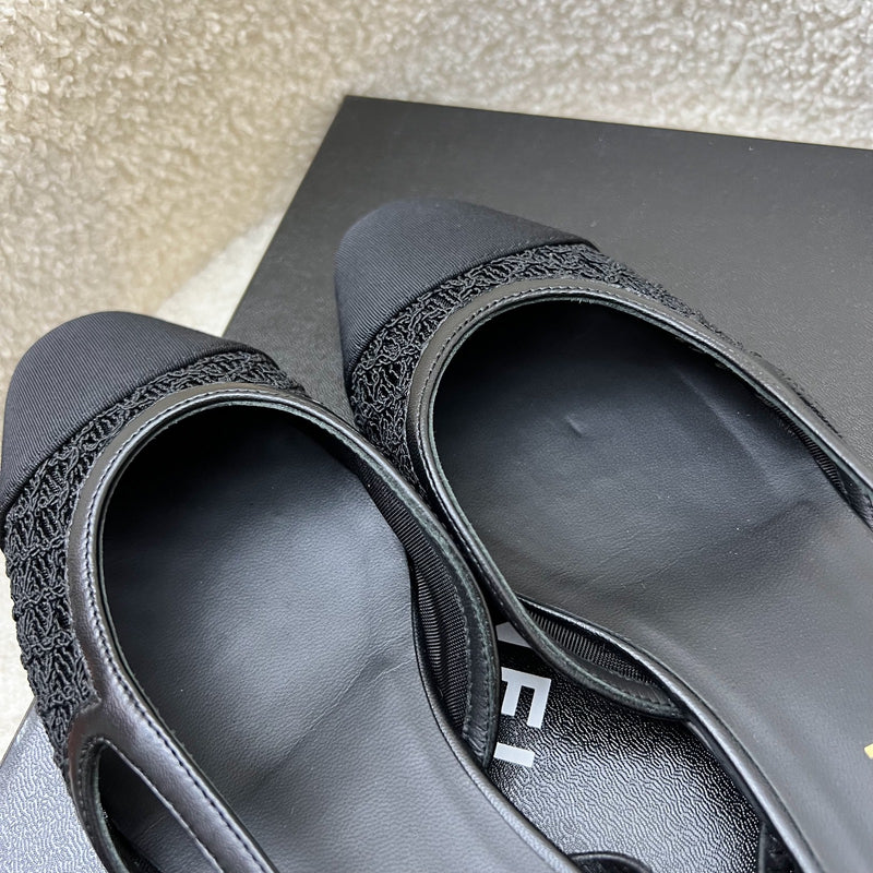 Chanel Slingbacks in Black Leather, Lace and Gosgrain Size 39.5 (Model: G31319)