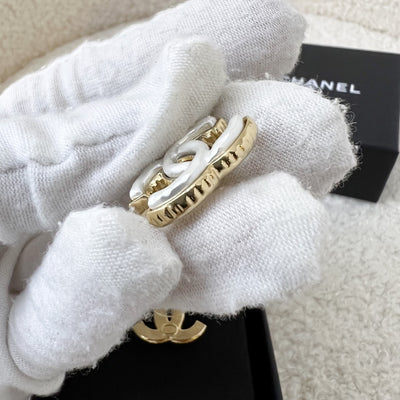 Chanel Medium CC Logo Earring with White Enamel in GHW