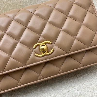 Chanel 22K Wallet on Chain WOC with Adjustable Chain in Dark Beige Lambskin and AGHW (Model: AP3043)