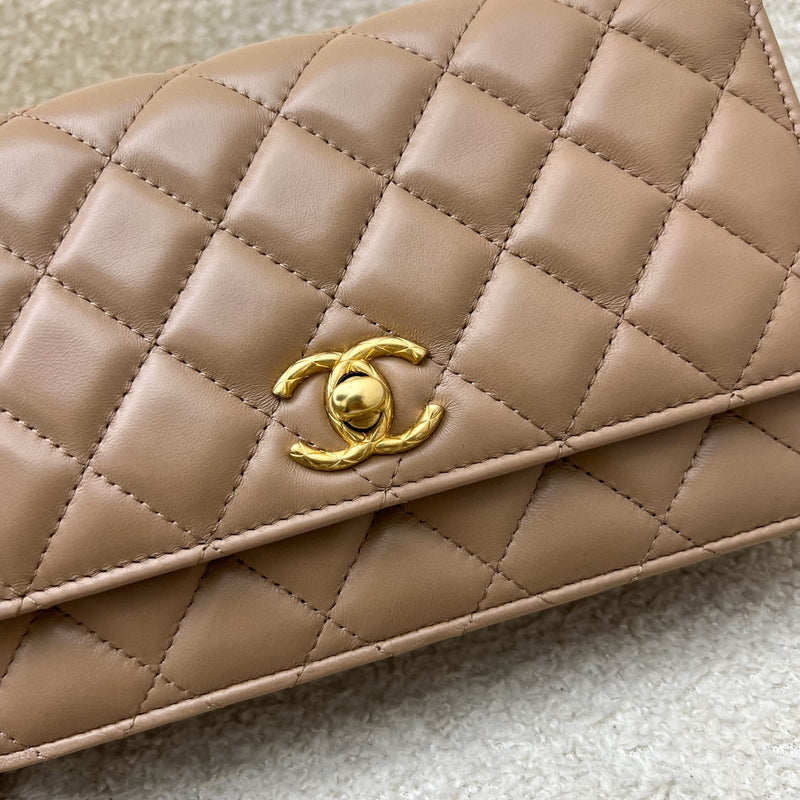 Chanel 22K Wallet on Chain WOC with Adjustable Chain in Dark Beige Lambskin and AGHW (Model: AP3043)