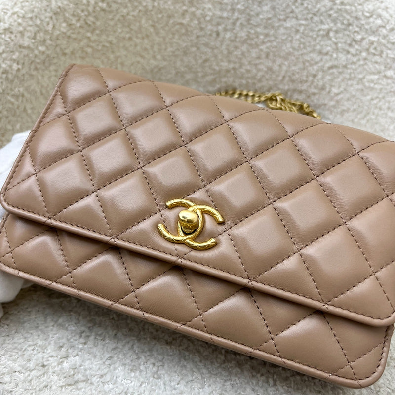 Chanel 22K Wallet on Chain WOC with Adjustable Chain in Dark Beige Lambskin and AGHW (Model: AP3043)