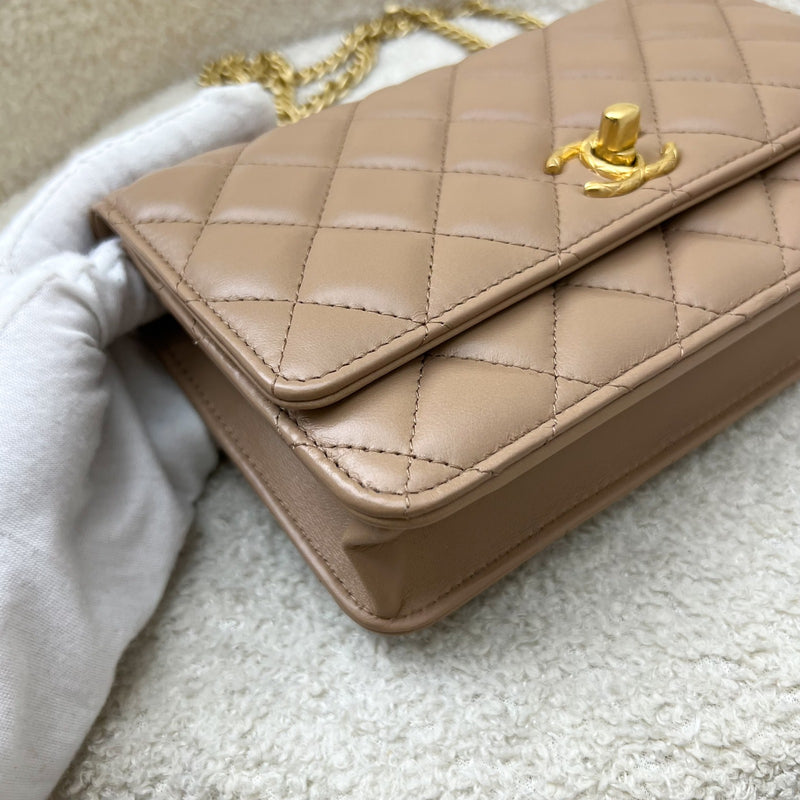 Chanel 22K Wallet on Chain WOC with Adjustable Chain in Dark Beige Lambskin and AGHW (Model: AP3043)