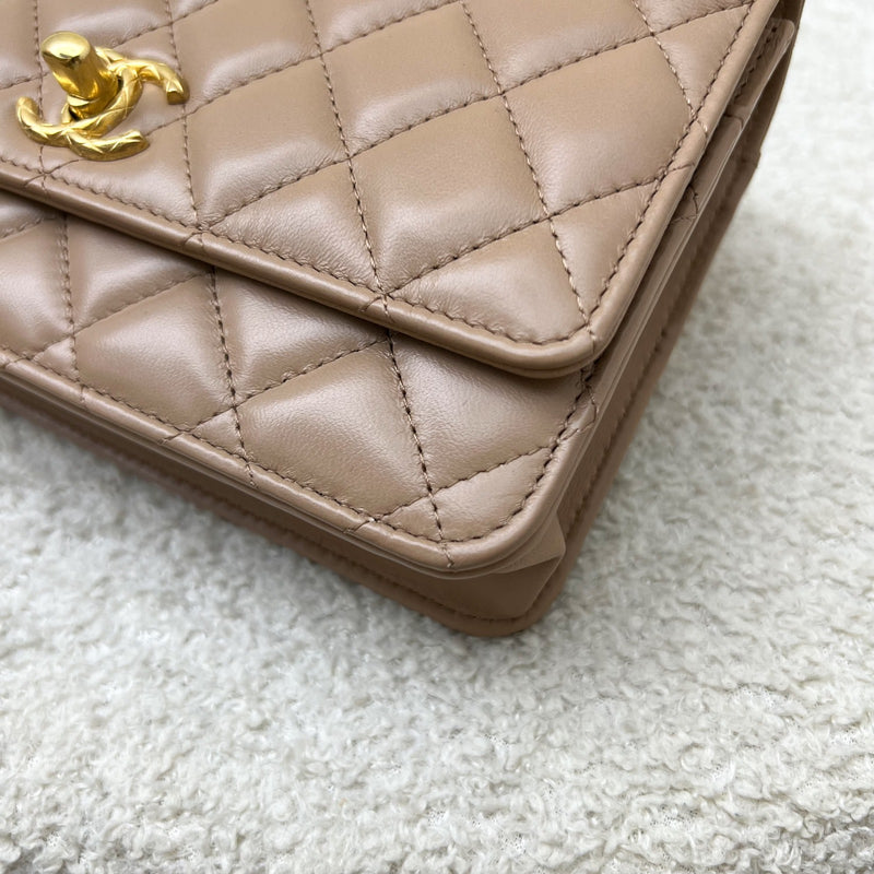 Chanel 22K Wallet on Chain WOC with Adjustable Chain in Dark Beige Lambskin and AGHW (Model: AP3043)