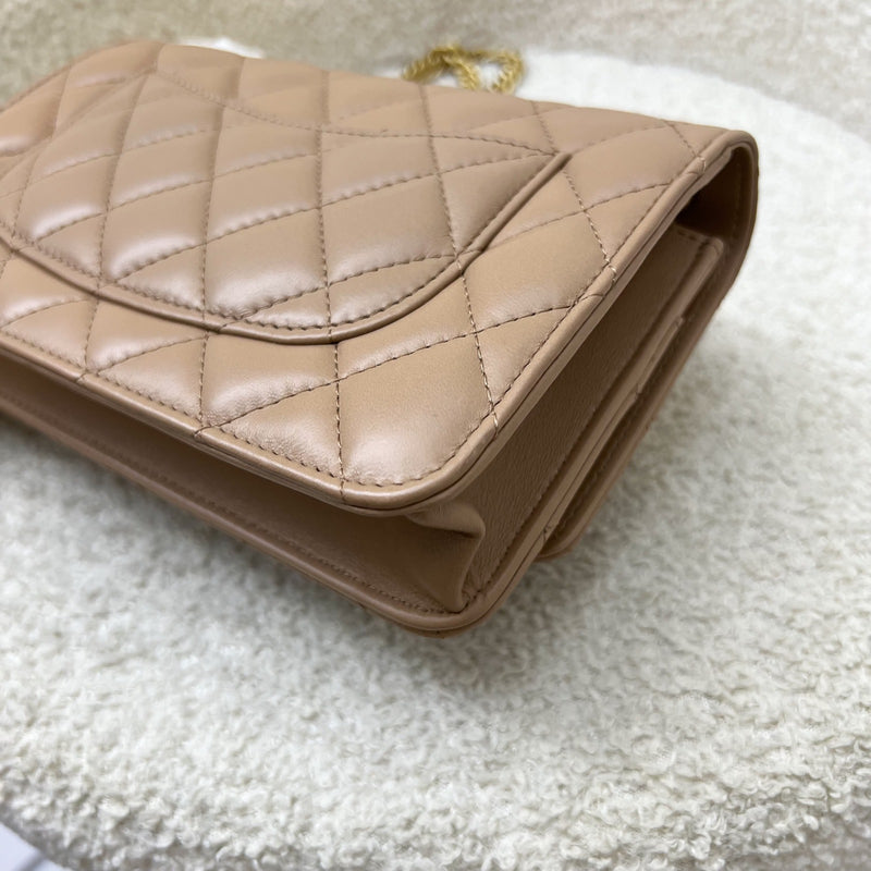 Chanel 22K Wallet on Chain WOC with Adjustable Chain in Dark Beige Lambskin and AGHW (Model: AP3043)