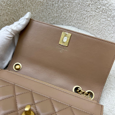Chanel 22K Wallet on Chain WOC with Adjustable Chain in Dark Beige Lambskin and AGHW (Model: AP3043)