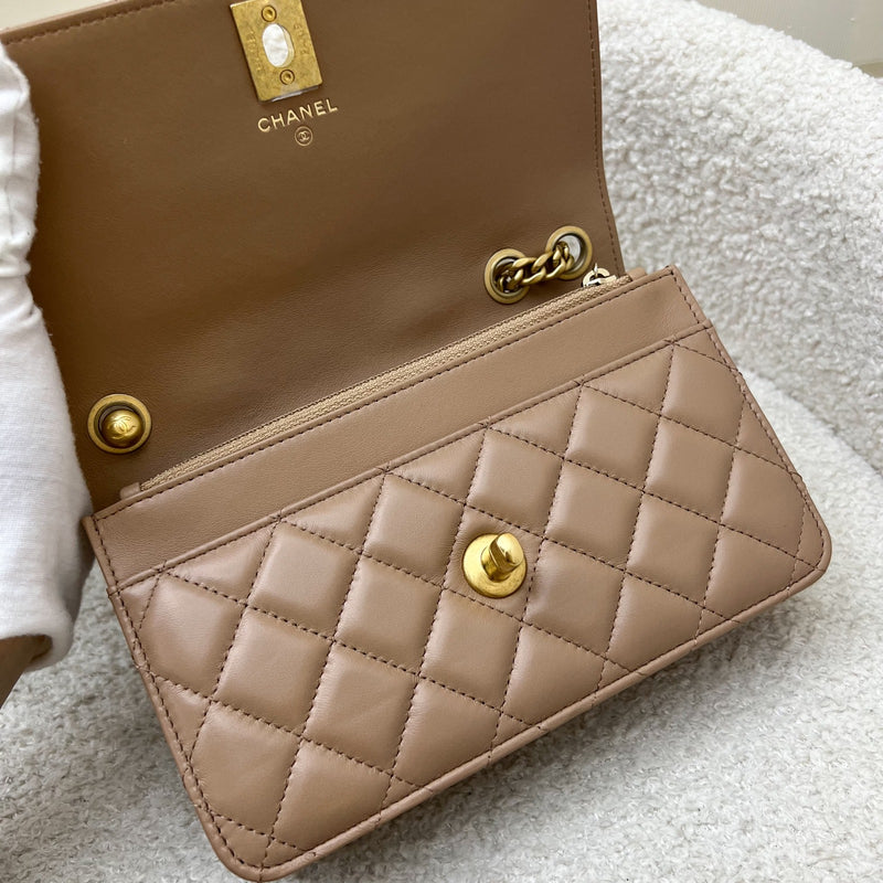 Chanel 22K Wallet on Chain WOC with Adjustable Chain in Dark Beige Lambskin and AGHW (Model: AP3043)
