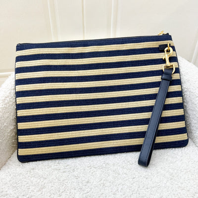 Dior Large Caro Pouch in Denim and Natural Linen and GHW