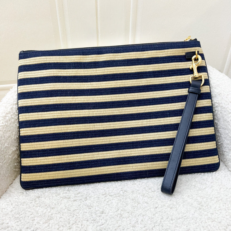 Dior Large Caro Pouch in Denim and Natural Linen and GHW