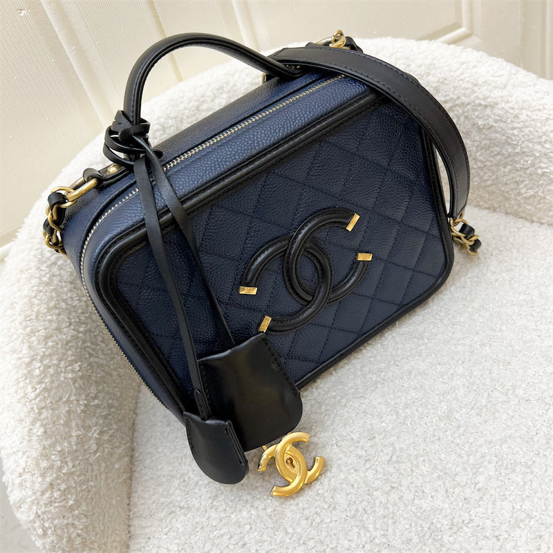 Chanel Medium Filigree Vanity in Navy Blue Caviar, Black Trim and AGHW