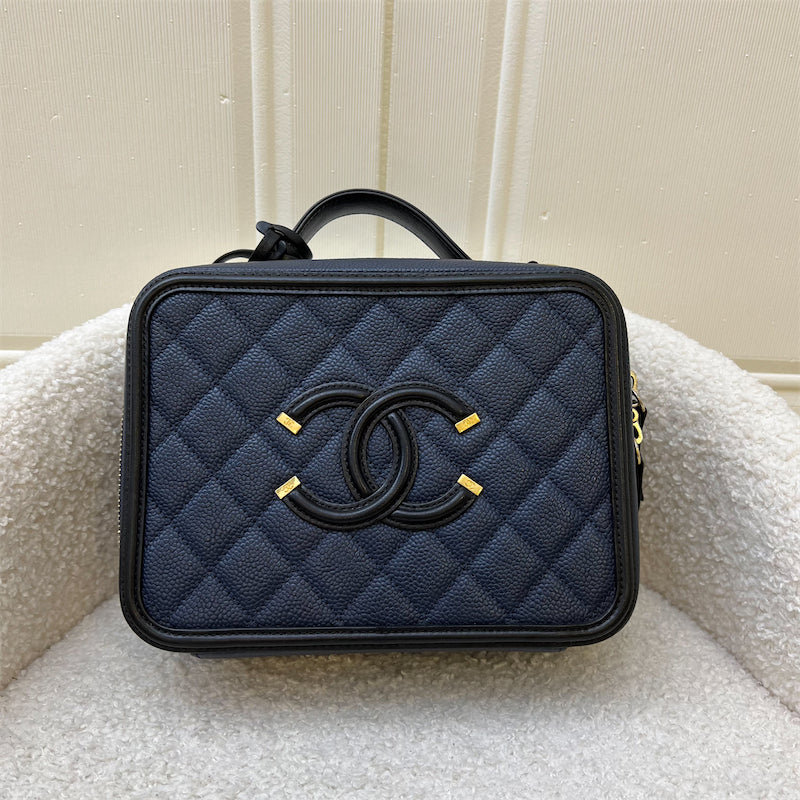 Chanel Medium Filigree Vanity in Navy Blue Caviar, Black Trim and AGHW