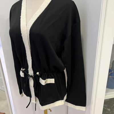 Chanel 25A Cardigan in Black and Ecru Mixed Fibers Sz 38 (Model: P80094)