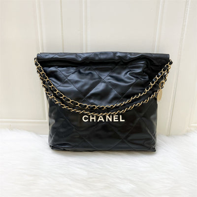 Chanel 22 Small Hobo Bag in Black Shiny Calfskin, White Logo and AGHW