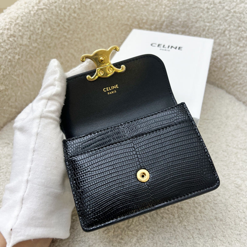 Celine Triomphe Card Holder in Black Monitor Lizard Skin and GHW