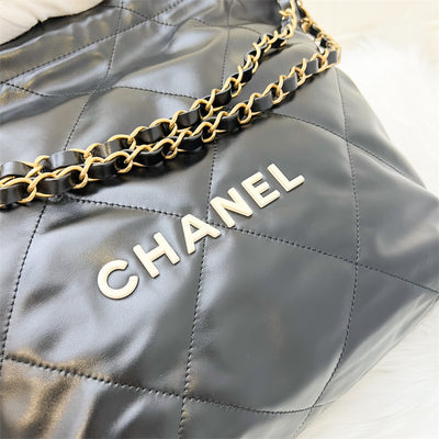 Chanel 22 Small Hobo Bag in Black Shiny Calfskin, White Logo and AGHW