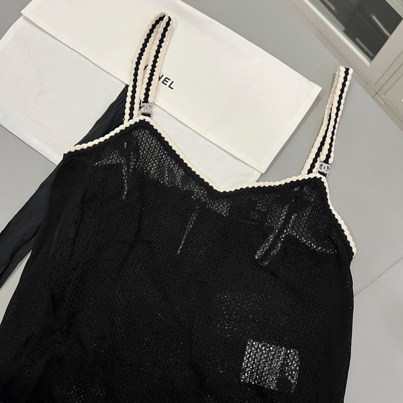 Chanel Sleeveless Strappy Top in Black / White Knit Sz 34 (Model: P77863)