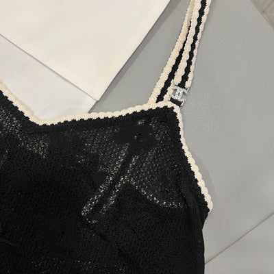 Chanel Sleeveless Strappy Top in Black / White Knit Sz 34 (Model: P77863)