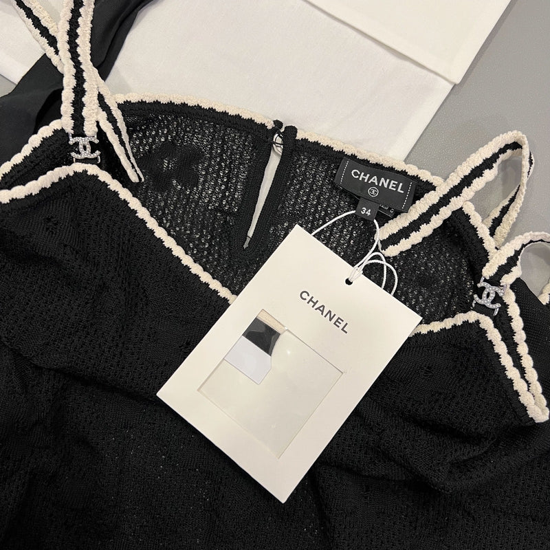 Chanel Sleeveless Strappy Top in Black / White Knit Sz 34 (Model: P77863)