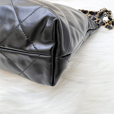 Chanel 22 Small Hobo Bag in Black Shiny Calfskin, White Logo and AGHW