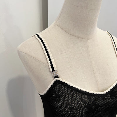 Chanel Sleeveless Strappy Top in Black / White Knit Sz 34 (Model: P77863)