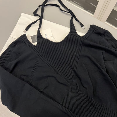 Chanel 24B Long Sleeves Open Back Blouse / Top in Black Viscose and Polyester (Model: P77857)