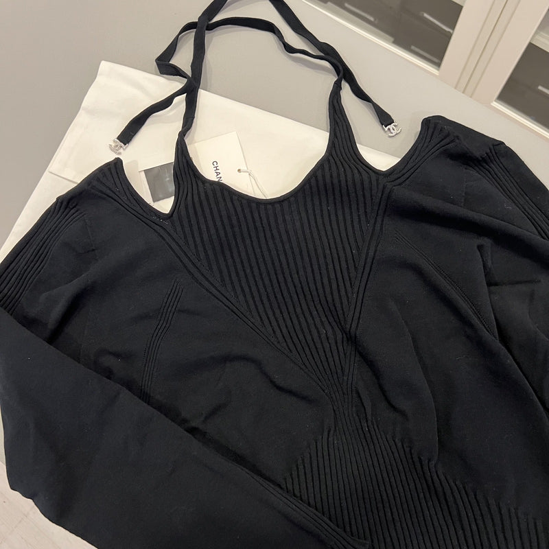 Chanel 24B Long Sleeves Open Back Blouse / Top in Black Viscose and Polyester (Model: P77857)