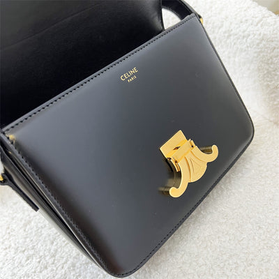 Celine Teen Triomphe Flap Bag in Black Shiny Calfskin and GHW