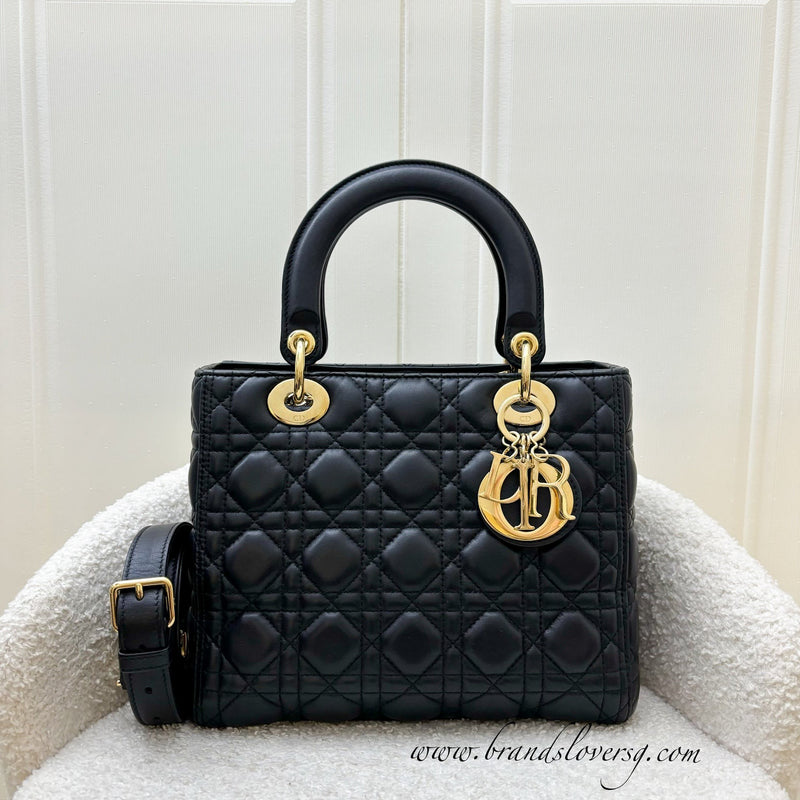 Dior Medium Lady Dior in Black Lambskin and GHW (New Version with Adjustable Strap)