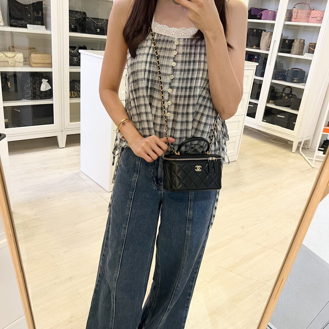 Chanel 21A Top Handle Small Vanity in Black Lambskin and AGHW