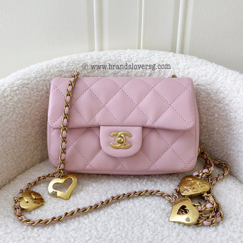 Chanel 22B Mini Flap Bag with Heart Charms in Pink Lambskin and AGHW