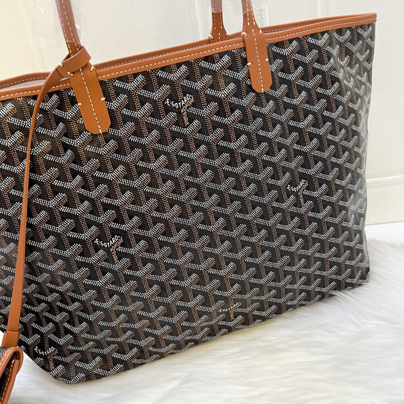 Goyard St Louis PM Tote in Black Signature Goyardine Canvas and Brown Trim